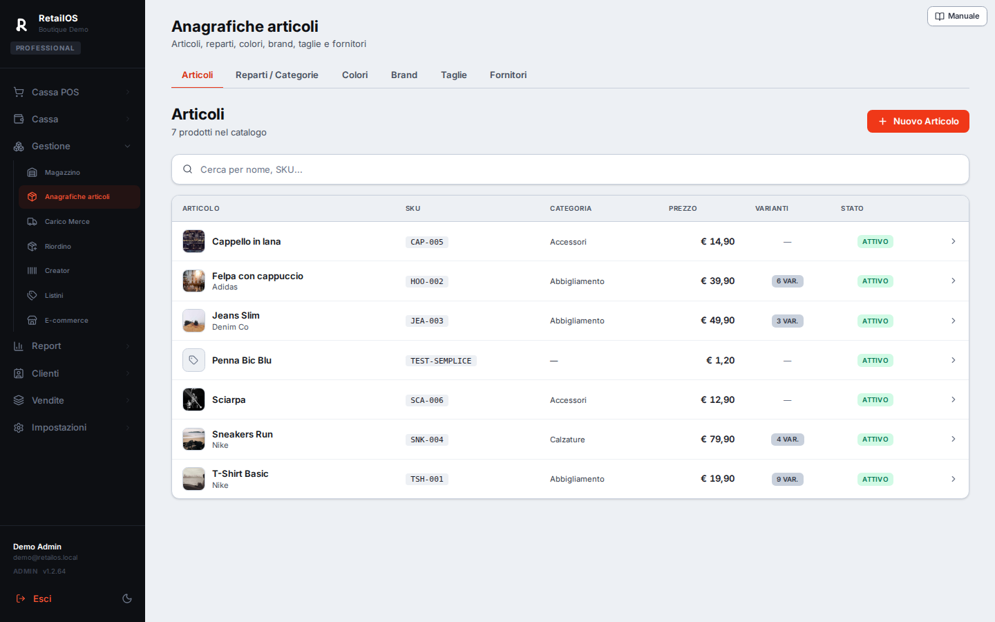 Catalogo articoli di RetailOS con varianti, categorie, brand e prezzi